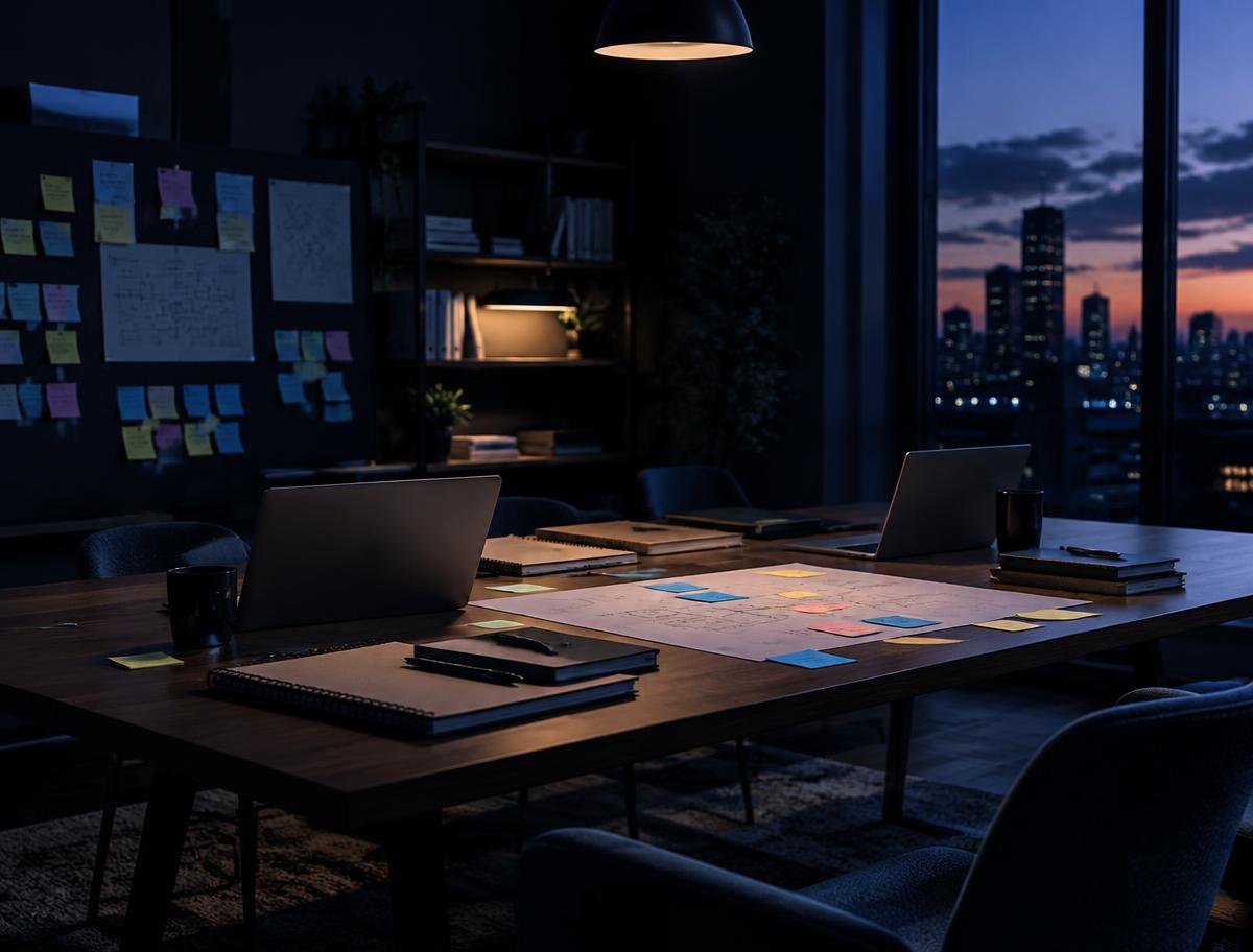 Illustrative image: an empty meeting table with laptops, notebooks and planning notes at dusk